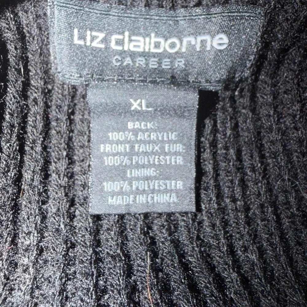 Liz Claiborne Black Faux Fur Open-Front Vest XL Mob Wife Dark Academia Holiday
